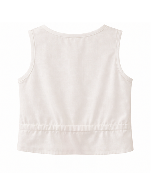 Blusa Blanca sin Mangas con Botones y Cintura Ajustable
