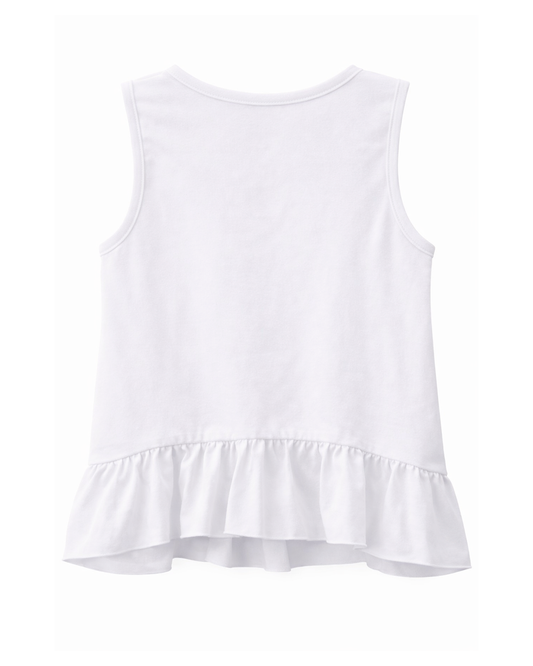 Blusa Blanca sin Mangas con Estampado Colorido y Volante Inferior