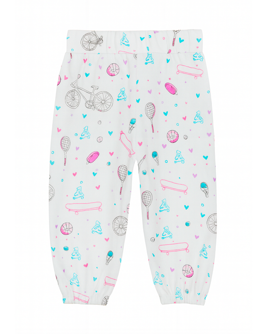 Pantalón infantil blanco con estampado deportivo y lazo en cintura