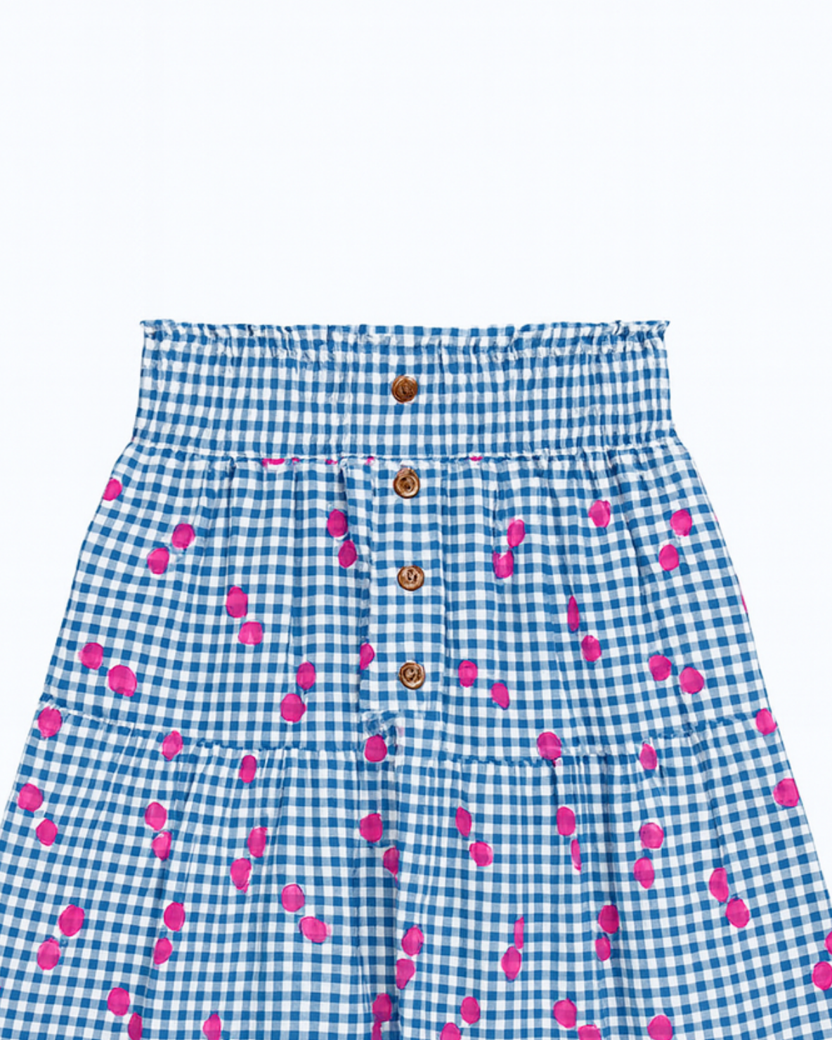 Falda estampada cuadros azul con cerezas rosas