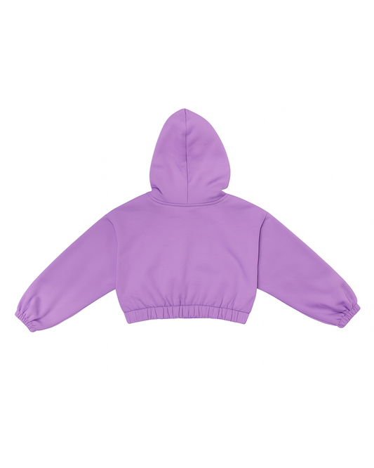 Hoodie cropped lila con cremallera y detalle de corazón