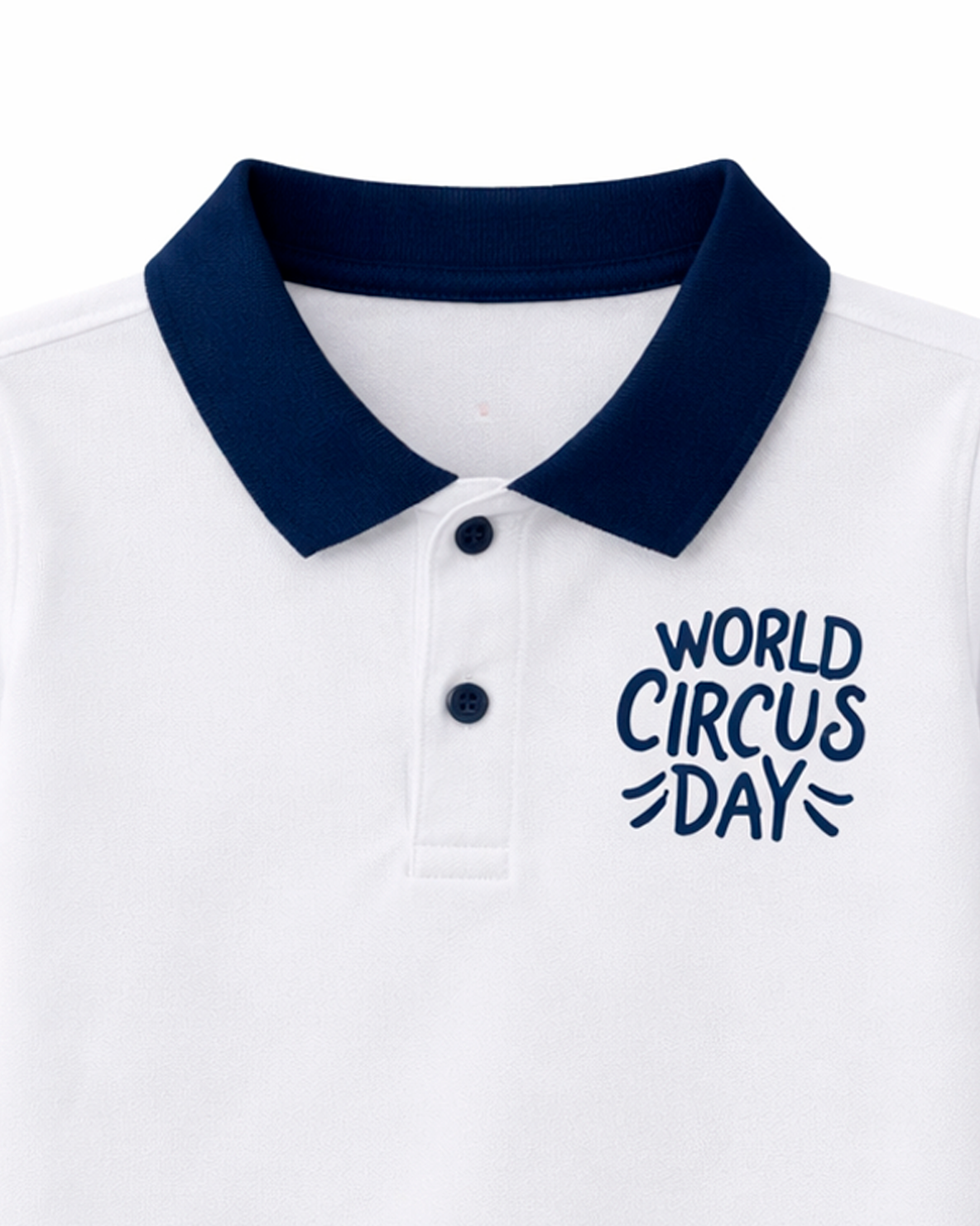 Camiseta Polo Infantil Blanca con Cuello Azul “World Circus Day”