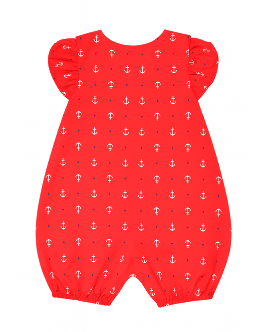 Enterizo rojo con estampado de anclas y mangas con volantes