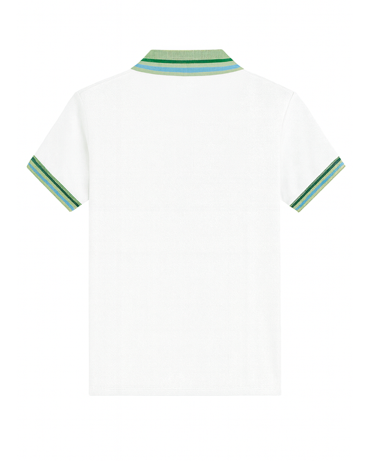 Polo Blanco con Cuello Verde y Rayas Bicolor