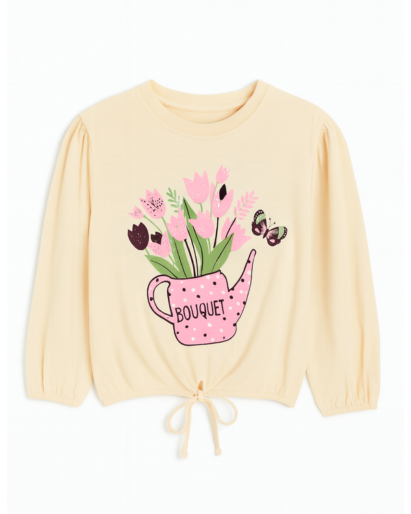 Blusa Beige con Estampado de Flores y Mariposa