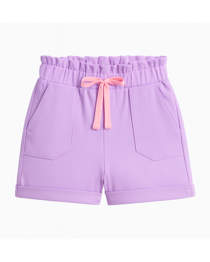 Short lila con moño rosa y bolsillos frontales 💜🎀