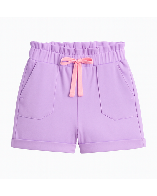 Short lila con moño rosa y bolsillos frontales 💜🎀