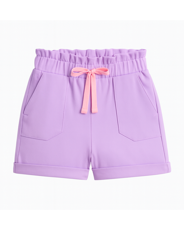 Short lila con moño rosa y bolsillos frontales 💜🎀
