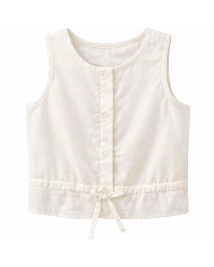 Blusa Blanca sin Mangas con Botones y Cintura Ajustable