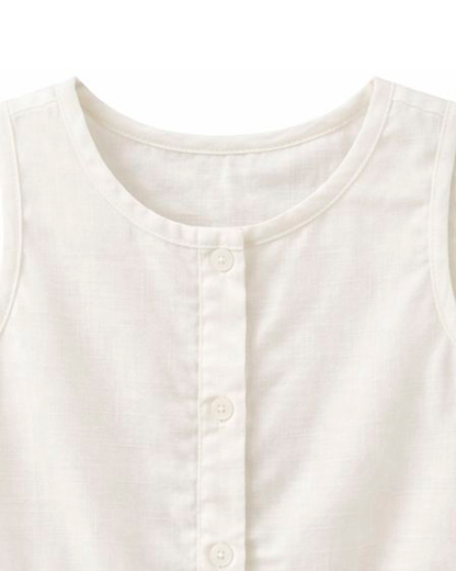Blusa Blanca sin Mangas con Botones y Cintura Ajustable