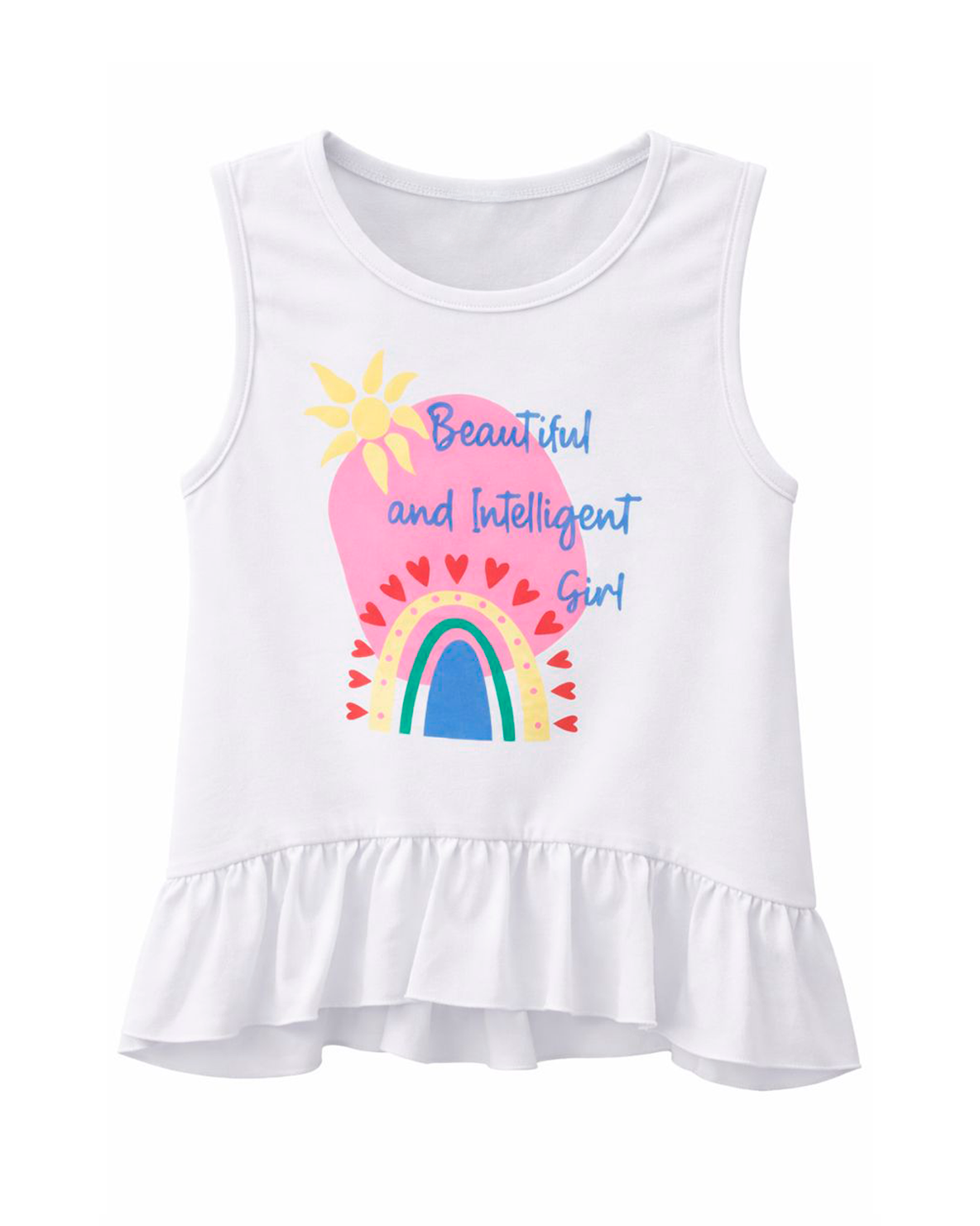 Blusa Blanca sin Mangas con Estampado Colorido y Volante Inferior
