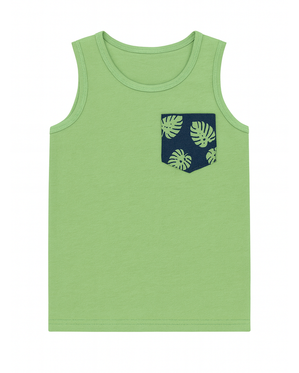 Camiseta Sin Manga Verde con Bolsillo Estampado