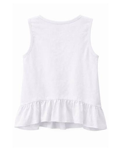 Blusa Blanca sin Mangas con Estampado Colorido y Volante Inferior
