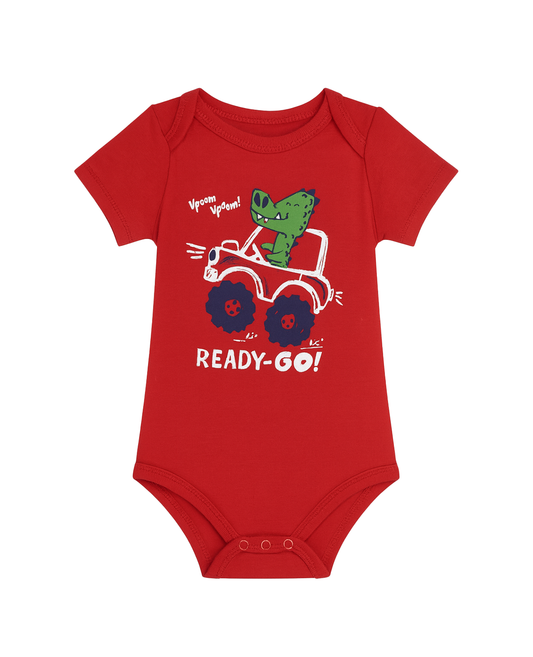 Body Rojo para Bebé Niño con Estampado de Dinosaurio y Vehículo