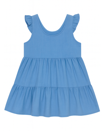 Vestido azul con volantes y falda fruncida