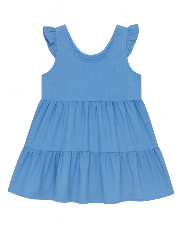 Vestido azul con volantes y falda fruncida