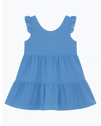 Vestido azul con volantes y falda fruncida