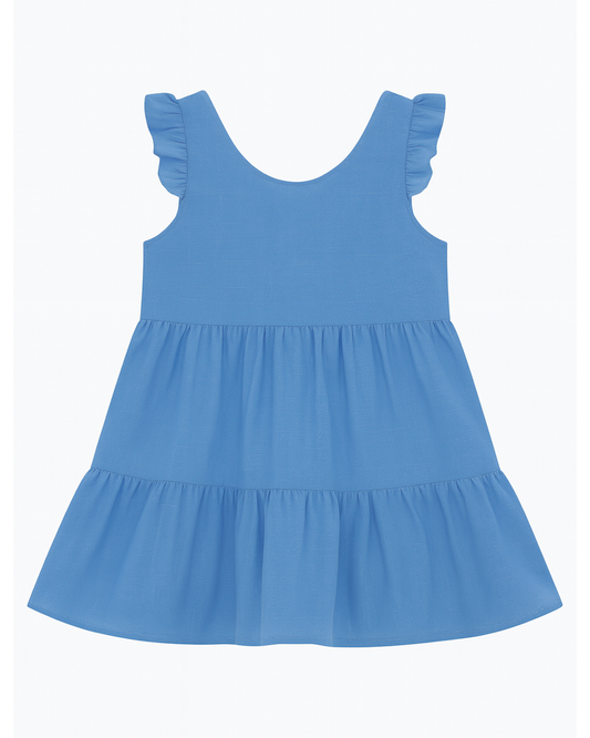 Vestido azul con volantes y falda fruncida