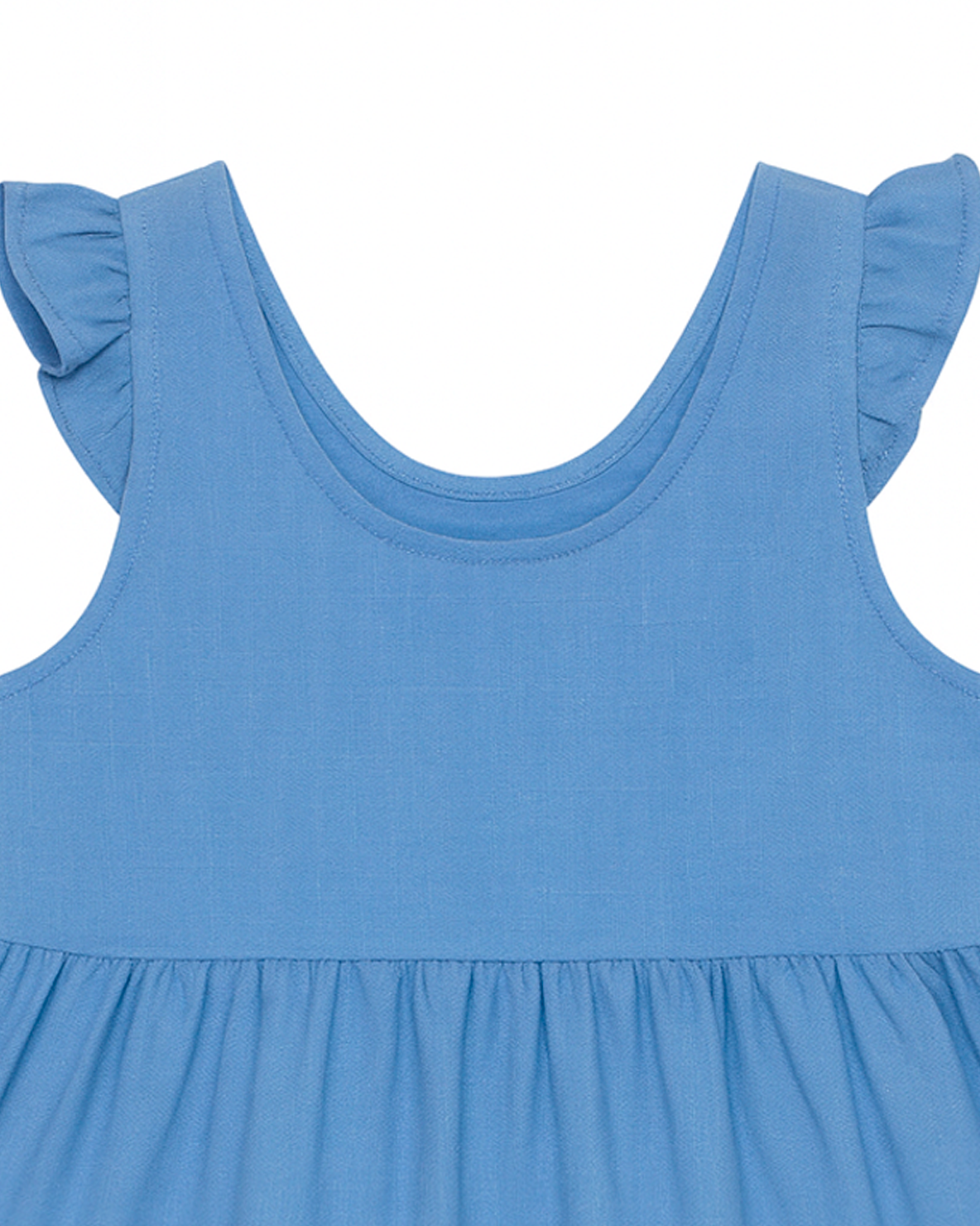 Vestido azul con volantes y falda fruncida