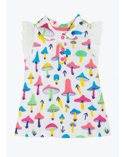 Vestido Blanco con Estampado de Hongos Multicolor
