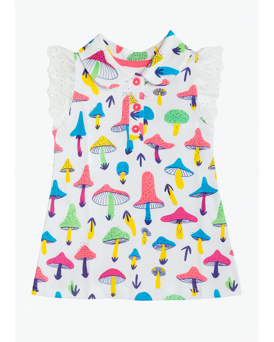 Vestido Blanco con Estampado de Hongos Multicolor