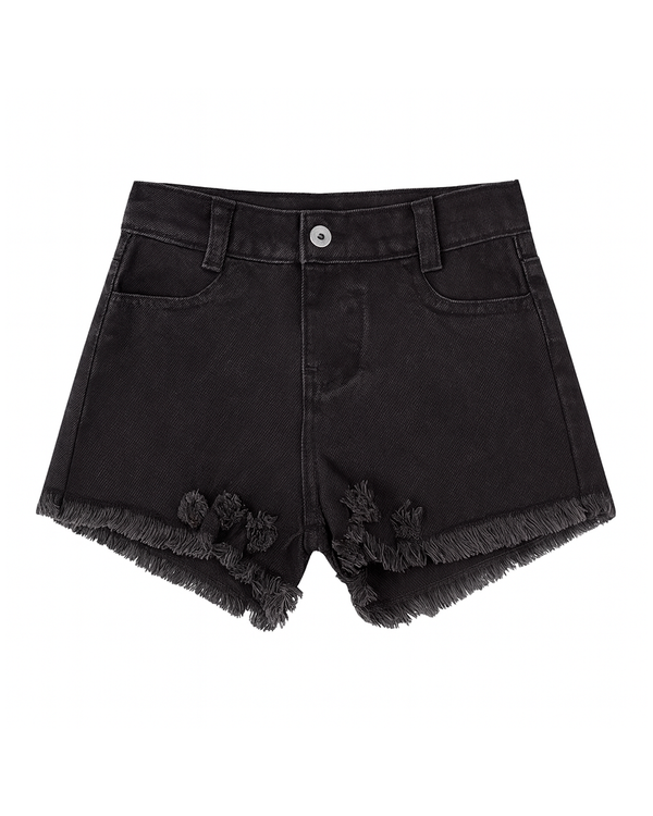 Short de mezclilla negro con ruedo deshilachado y detalles decorativos