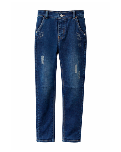 Jeans Azul con Efecto Desgastado y Corte Recto