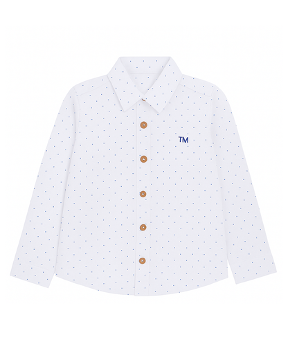 Camisa blanca con micro estampado azul y bordado TM
