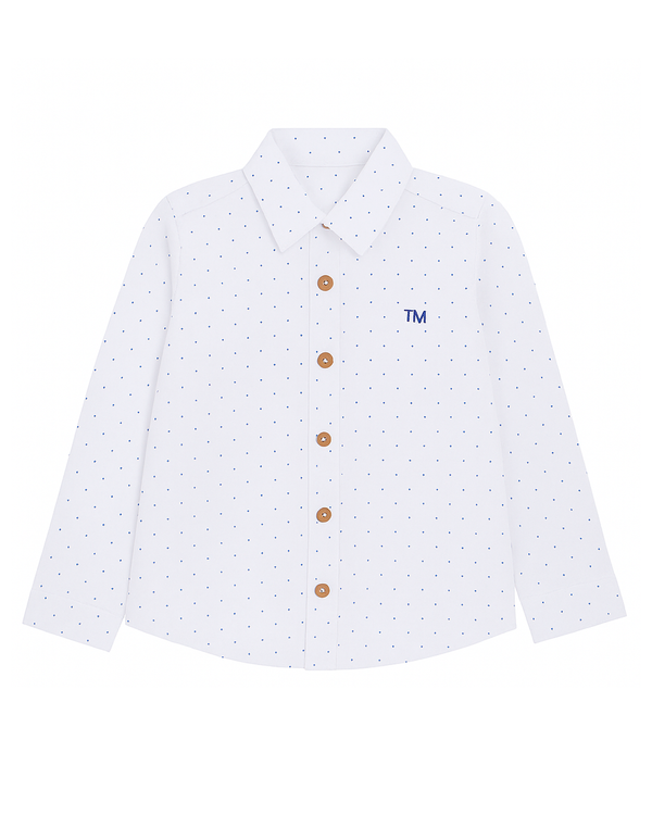 Camisa blanca con micro estampado azul y bordado TM