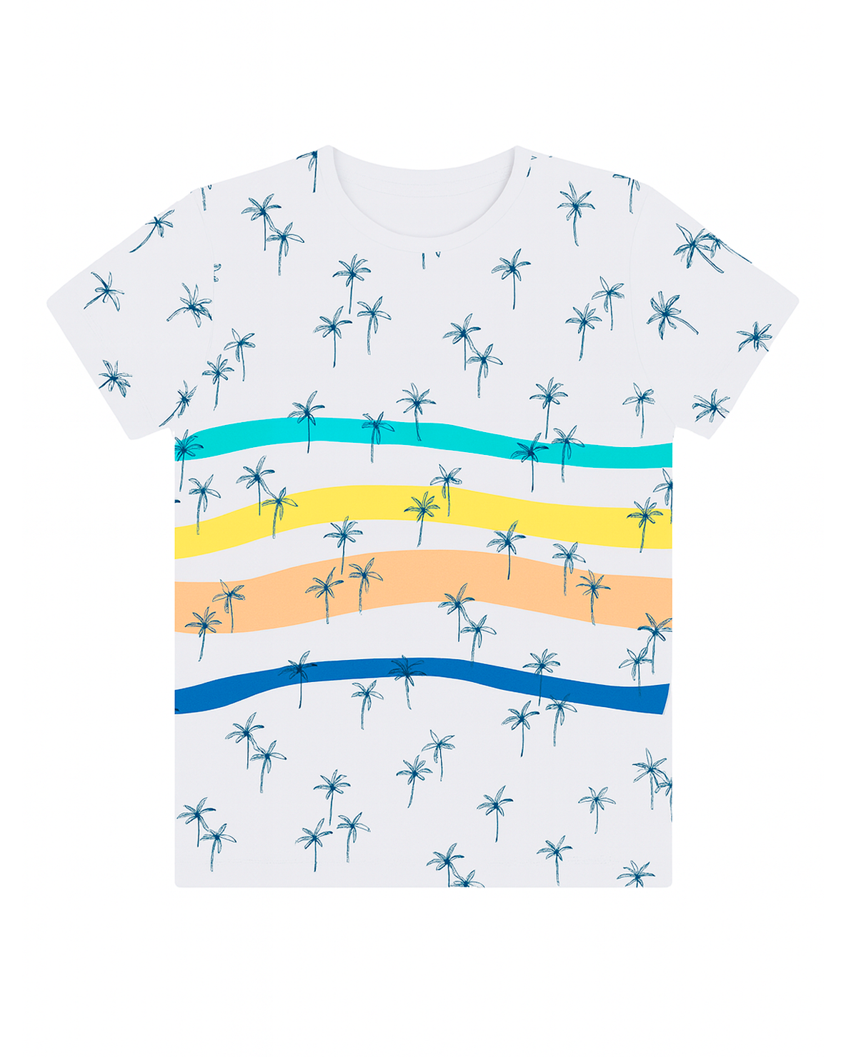 Camiseta Blanca Estampada con Palmeras y Franjas de Colores
