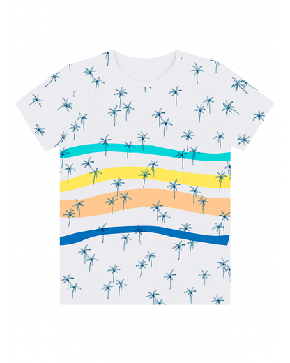 Camiseta Blanca Estampada con Palmeras y Franjas de Colores