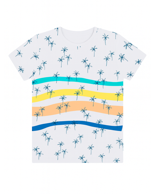 Camiseta Blanca Estampada con Palmeras y Franjas de Colores