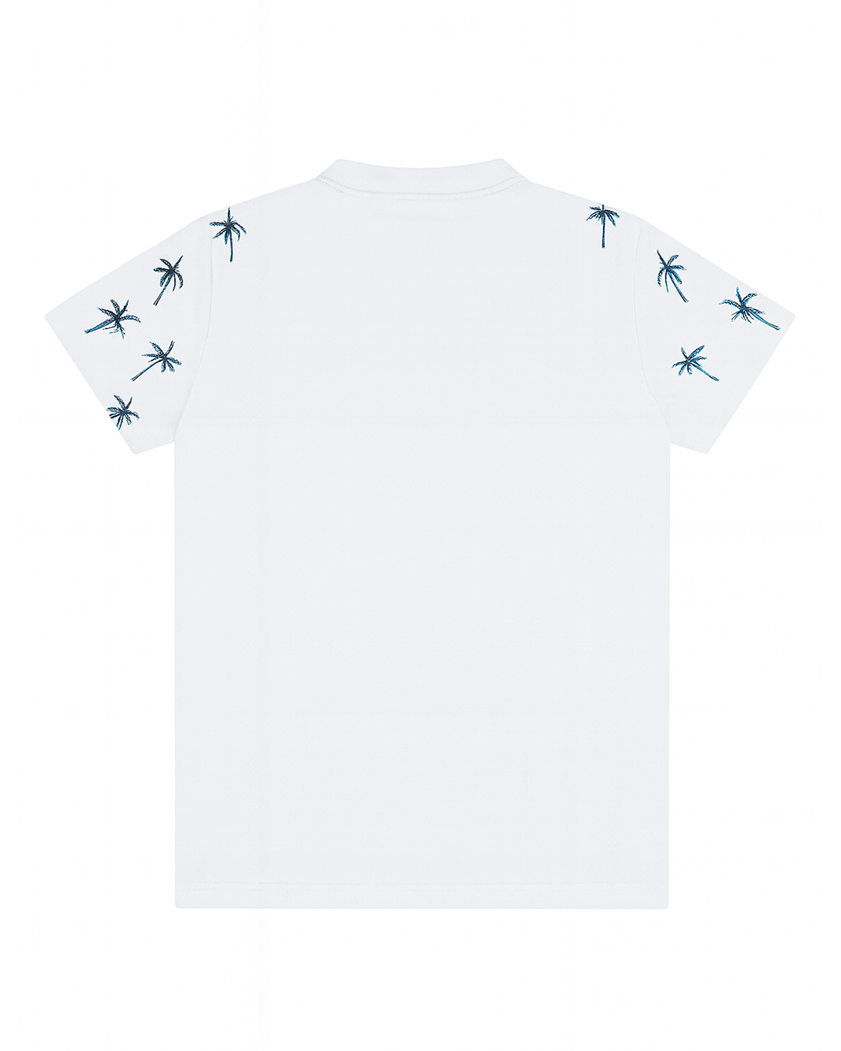 Camiseta Blanca Estampada con Palmeras y Franjas de Colores