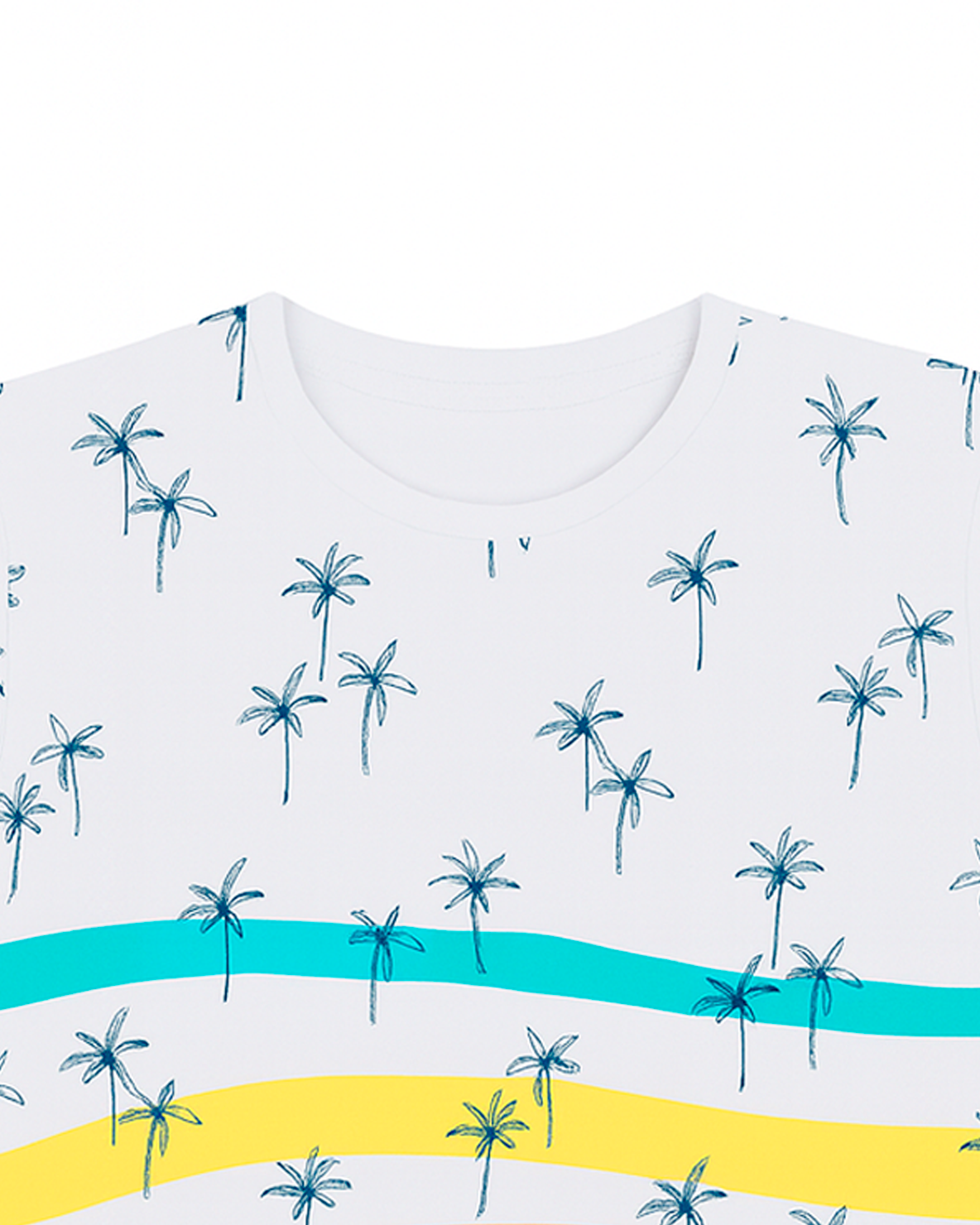 Camiseta Blanca Estampada con Palmeras y Franjas de Colores