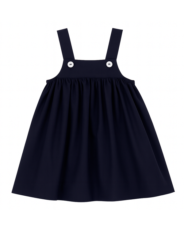 Jardinera jumper azul marino con tirantes y botones decorativos