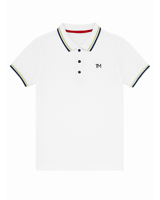 Polo Blanco con Detalles Azul y Verde Lima