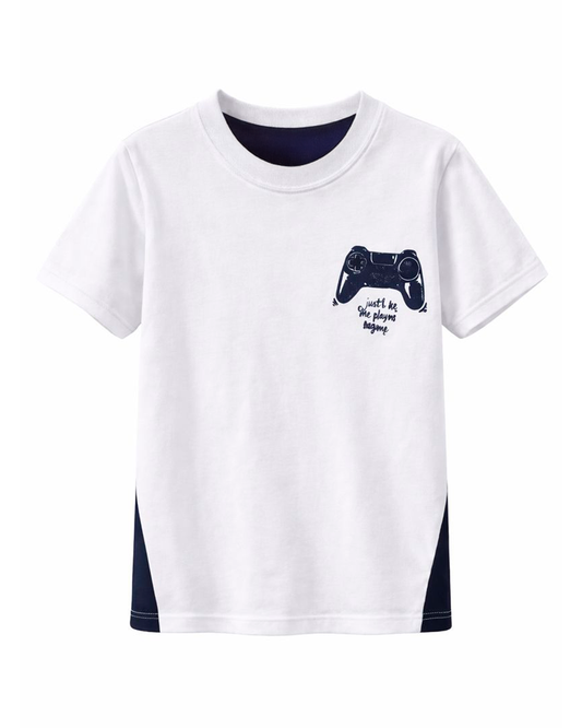 Camiseta Blanca con Estampado Gamer y Detalles en Azul Marino