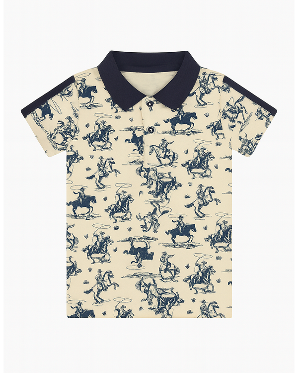 Polo Beige con Estampado de Vaqueros