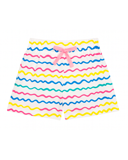 Short infantil blanco con líneas onduladas multicolor y lazo rosa