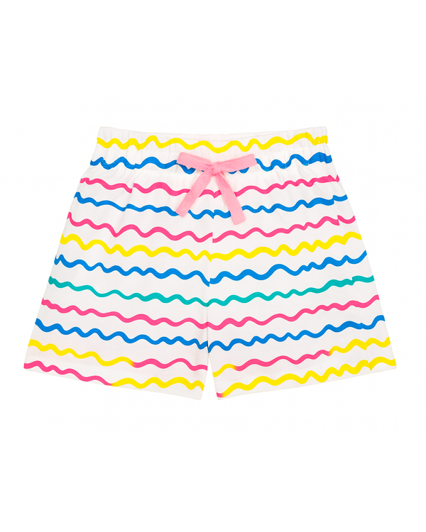 Short infantil blanco con líneas onduladas multicolor y lazo rosa