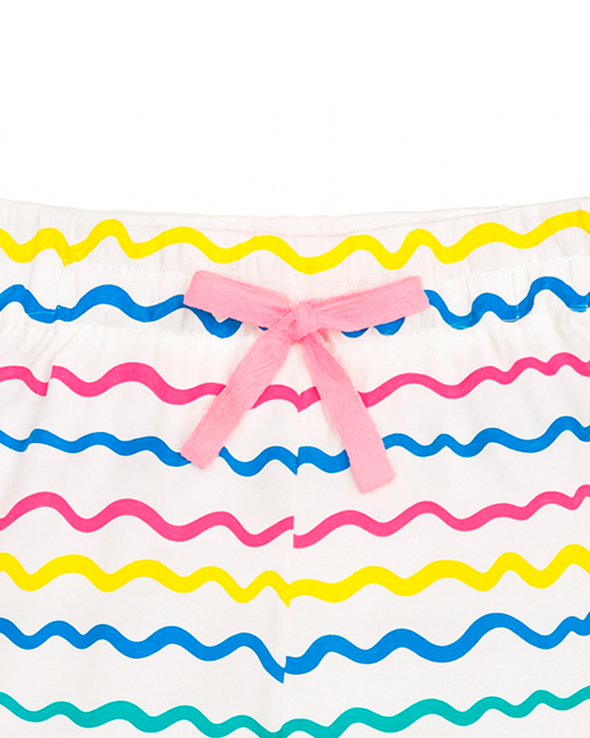 Short infantil blanco con líneas onduladas multicolor y lazo rosa