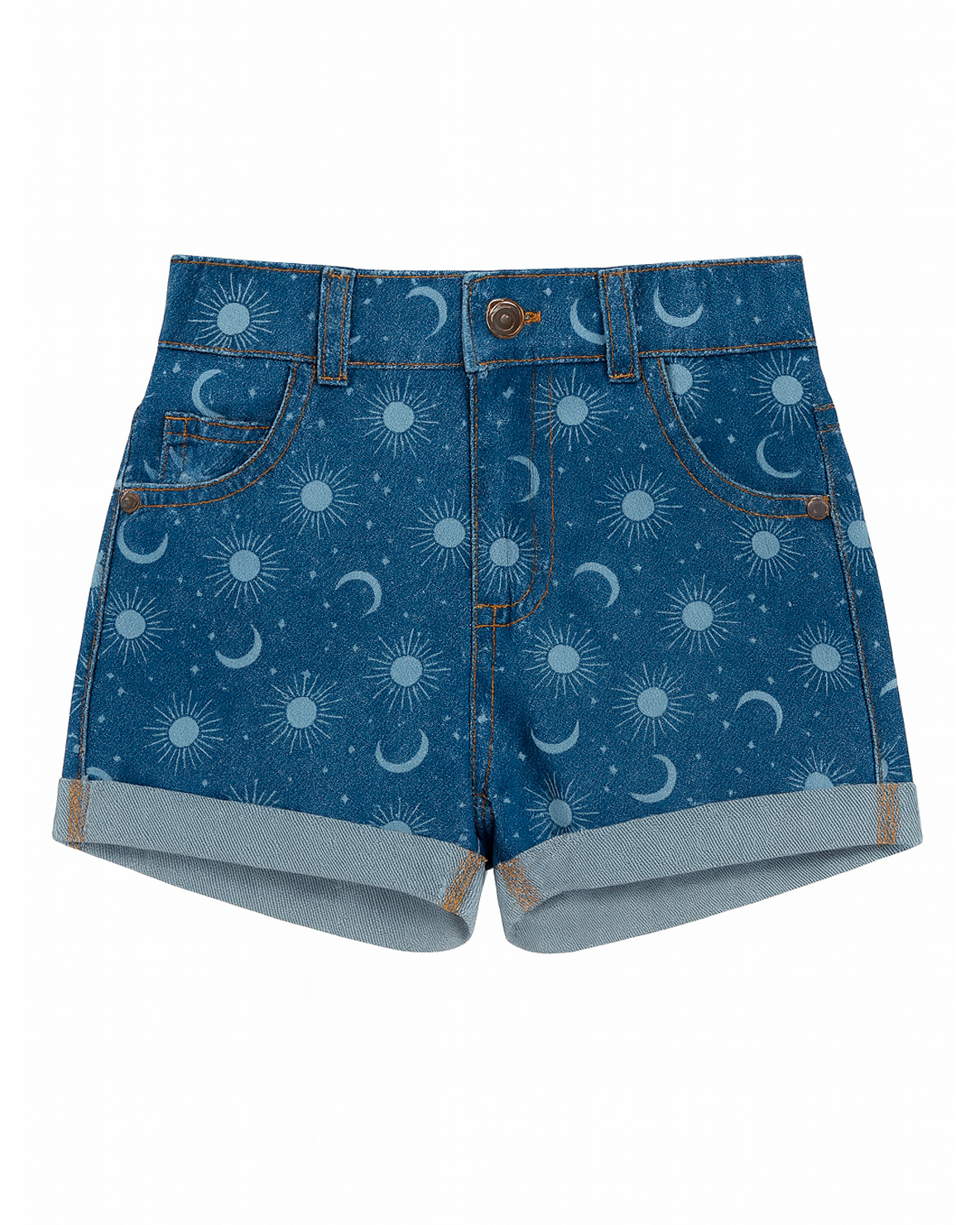 Short denim con estampado astral y ruedo doblado