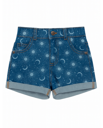 Short denim con estampado astral y ruedo doblado