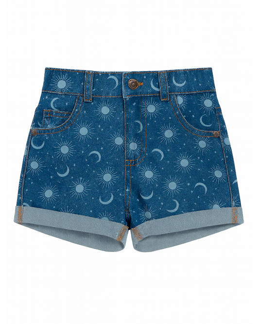Short denim con estampado astral y ruedo doblado
