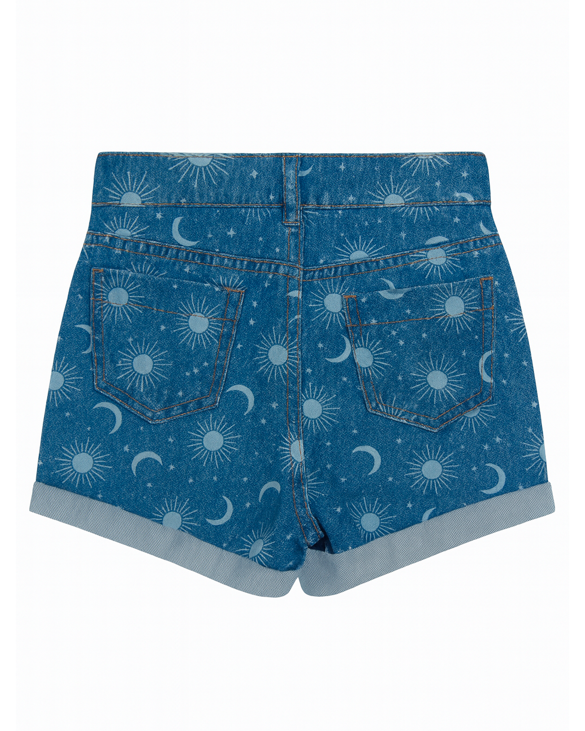 Short denim con estampado astral y ruedo doblado