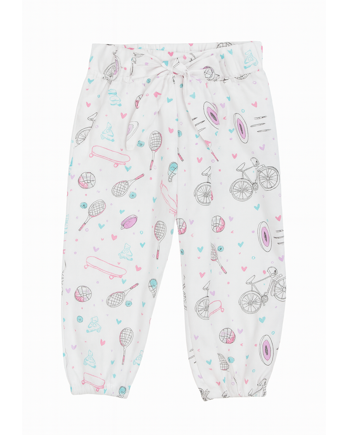 Pantalón infantil blanco con estampado deportivo y lazo en cintura