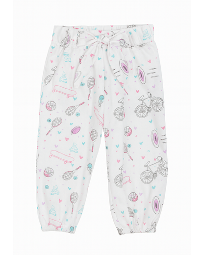 Pantalón infantil blanco con estampado deportivo y lazo en cintura