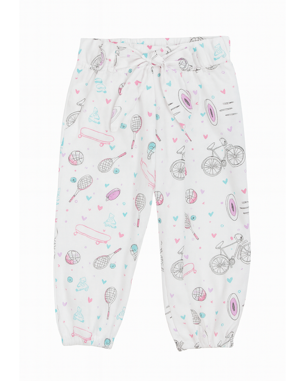 Pantalón infantil blanco con estampado deportivo y lazo en cintura