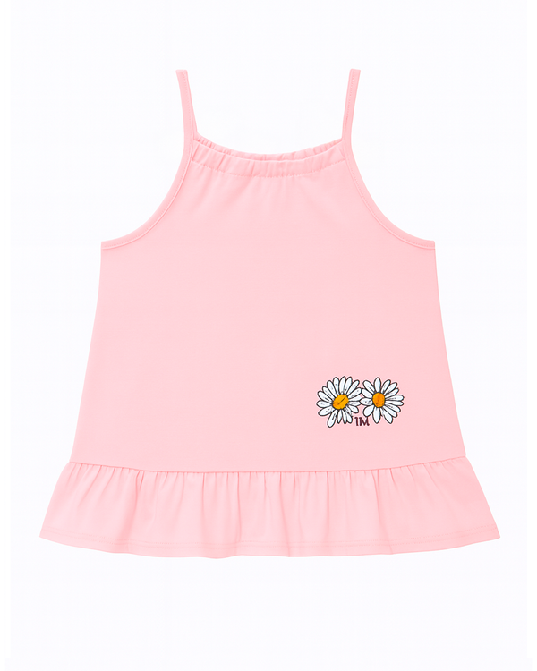 Blusa rosa con tirantes finos y detalle de margaritas bordadas