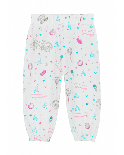 Pantalón infantil blanco con estampado deportivo y lazo en cintura